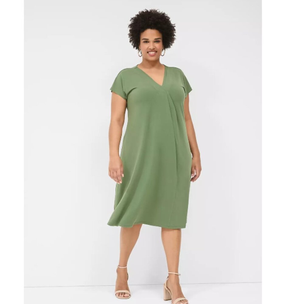 LANE BRYANT UEC Size 18/20 V-Neck Pleat-Front Jersey Midi Dress Green - Picture 1 of 13